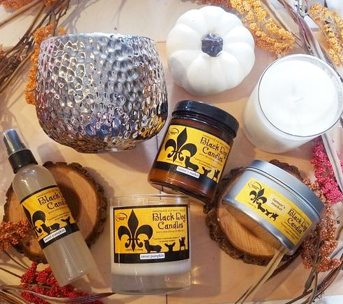 Fall collection from Black Dog Candles.  Handmade soy wax candles, wax melts, room sprays and diffuser oils
